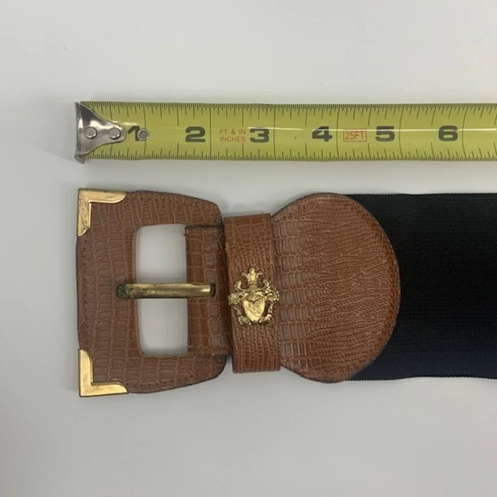 Equestrian Retro Wide Stretch Statement Waist Belt Gold Crest Cinch Brown Black
